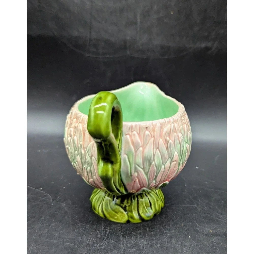 Vintage Majolica Water Lilly Floral Sauce Boat Creamer W Handle 3
